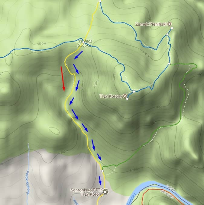 mapa szlaku przez wąwóz - parów szopczański